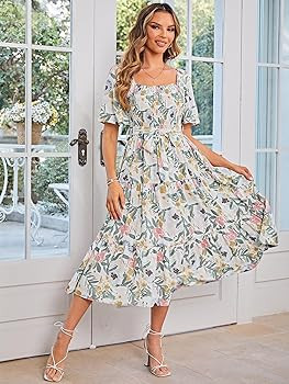 Amegoya Women's Boho Summer Floral Midi Dress Flowy Tiered Flutter Sleeve Square Neck Smocked Mat... | Amazon (US)