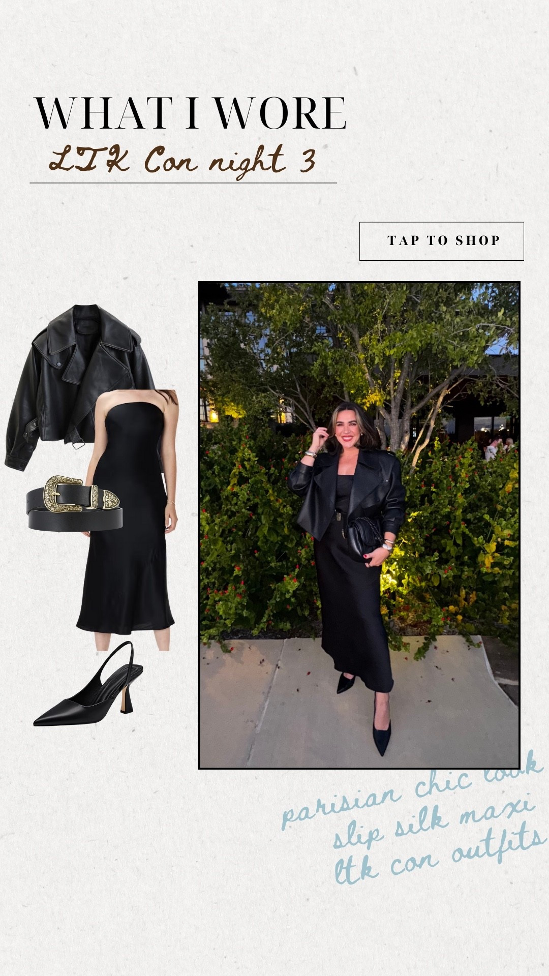 What I wore for LTKCon Parisian Chic Cocktail Party. This would be so perfect for a fall date look, edgy fall wedding guest, or any elevated event.
I feel so confident and chic in this dress. 
Size L but could have done a M
The jacket is a splurge but it is real leather. I’ve linked a super similar jacket for a lot less!

#LTKParties #LTKCon #LTKStyleTip