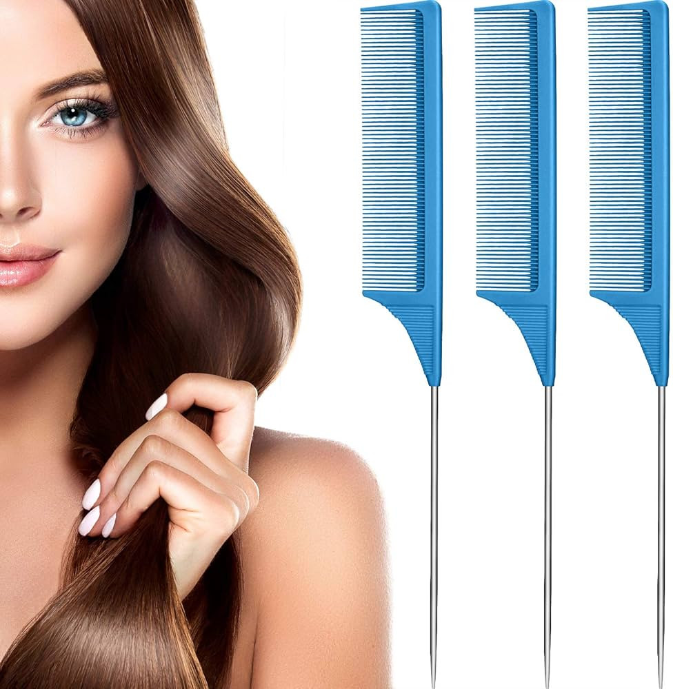 3 Packs Rat Tail Comb Steel Pin Rat Tail Carbon Fiber Heat Resistant Teasing Combs with Stainless... | Amazon (US)