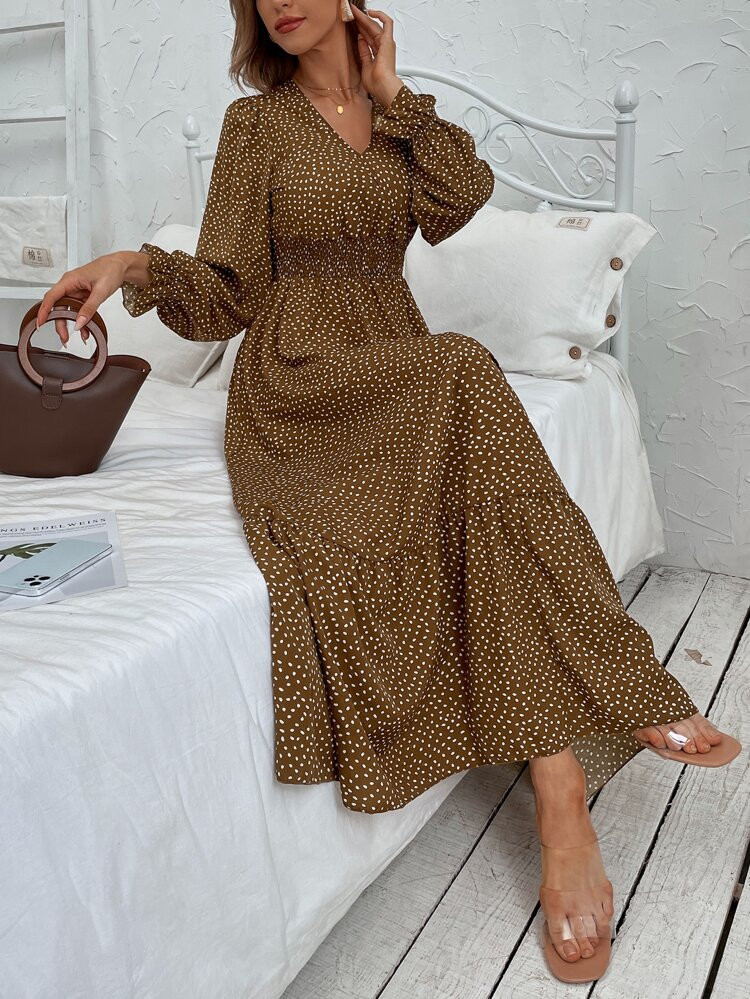 Allover Print Flounce Sleeve Shirred Dress | SHEIN