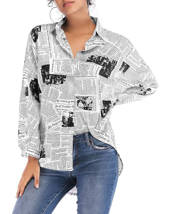 Womens Button Down Shirt Women Shirt Newspaper Sleeve Blouse Lapel Neck Single- Breasted Tops Cas... | Amazon (US)