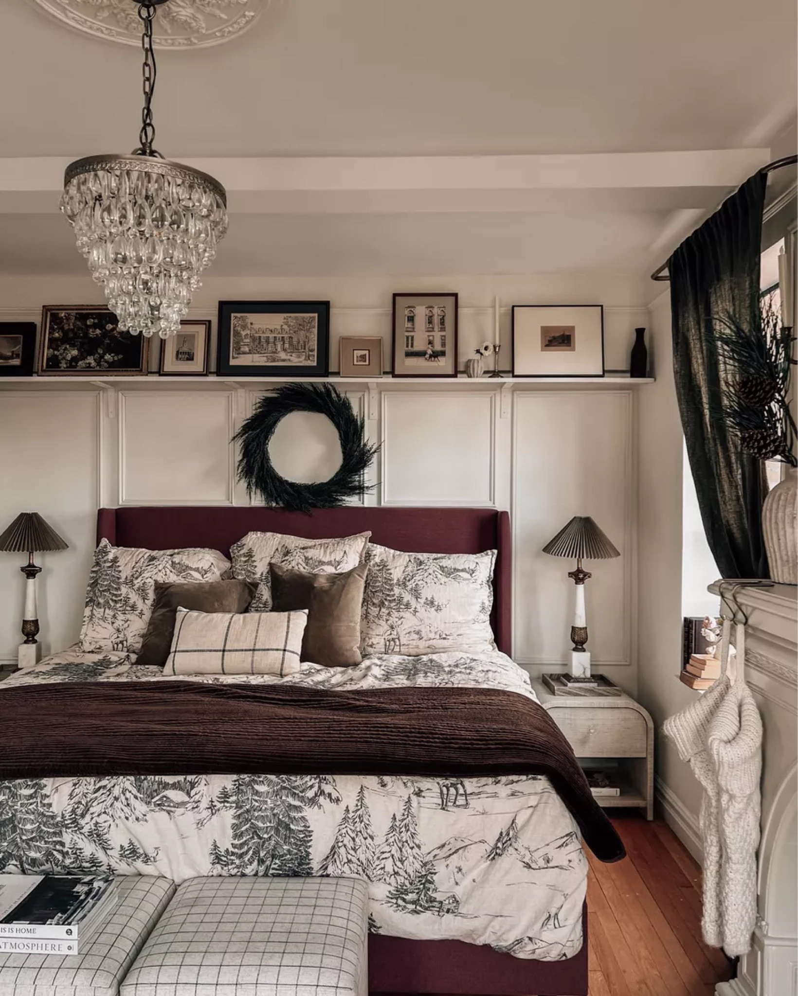 Master bedroom - holiday bedding, side table, floating shelf, bedroom decor 

#LTKSeasonal #LTKhome #LTKHoliday