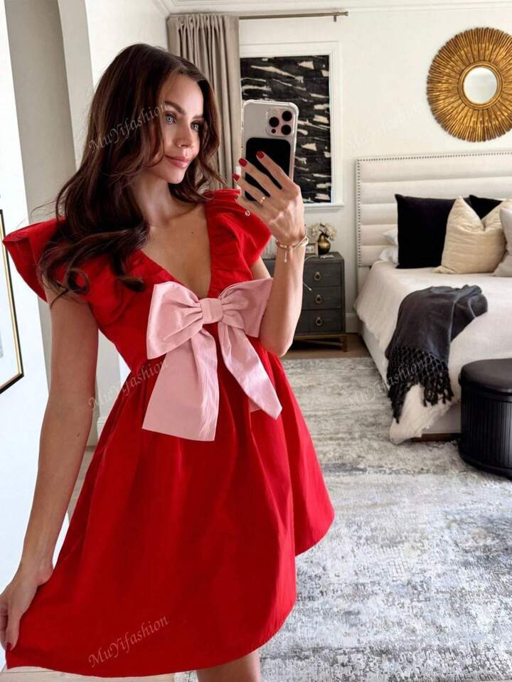 Elegant Contrast Color V-Neck Tie Waist Butterfly Sleeve A-Line Woven Dress, Valentine's Day | SHEIN