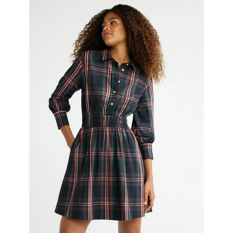 Free Assembly Women's Smocked Waist Mini Shirt Dress with Long Sleeves, XS-XXXL - Walmart.com | Walmart (US)
