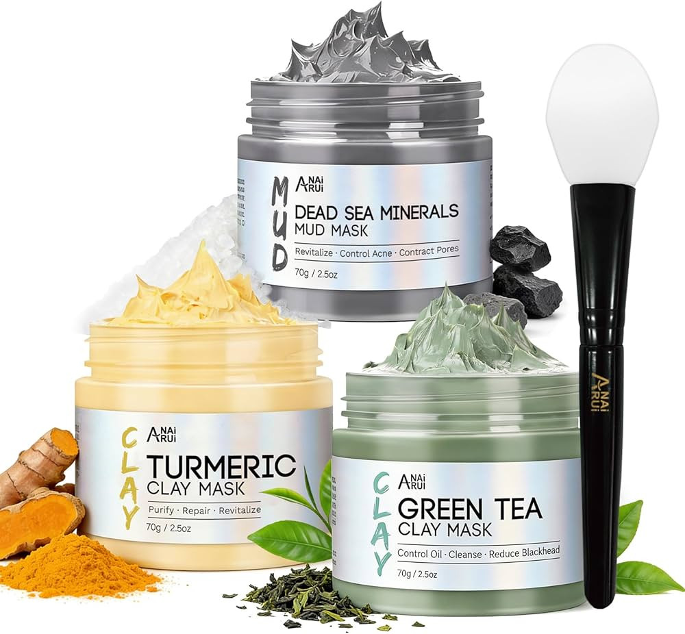 ANAI RUI 3 Pcs Face Mask Set - Turmeric Clay Mask - Green Tea Face Mask - Dead Sea Mud Mask for O... | Amazon (US)