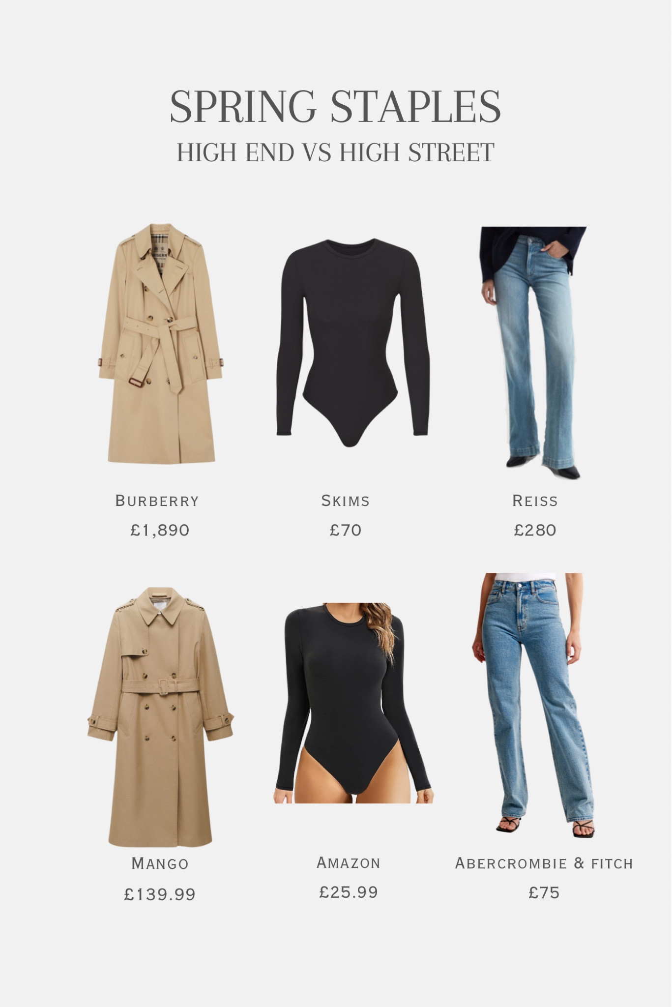 Spring Staples - high end vs high street including most loved brands! 
(The Skims dupe from Amazon is the exact same material as Skims, yet you’re saving more than half the price 🙌🏼)


#LTKSpringSale #LTKstyletip #LTKMostLoved