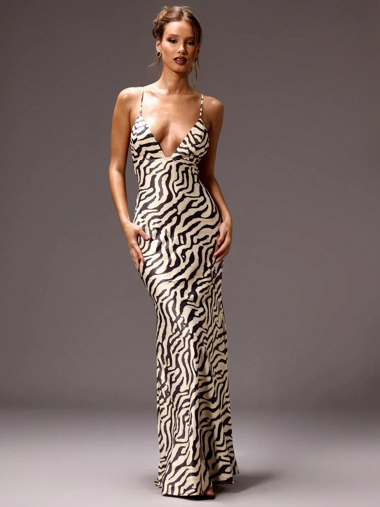 MUSERA Zebra Striped Print Backless Sexy Maxi Spring Summer Vacation Wedding Guest Occasion | SHEIN
