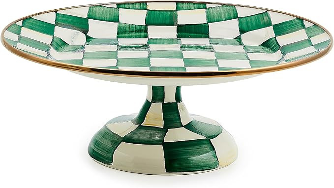 MACKENZIE-CHILDS Enamel Pedestal Platter, Round Cake Stand, Small, Green-and-White Emerald Check | Amazon (US)