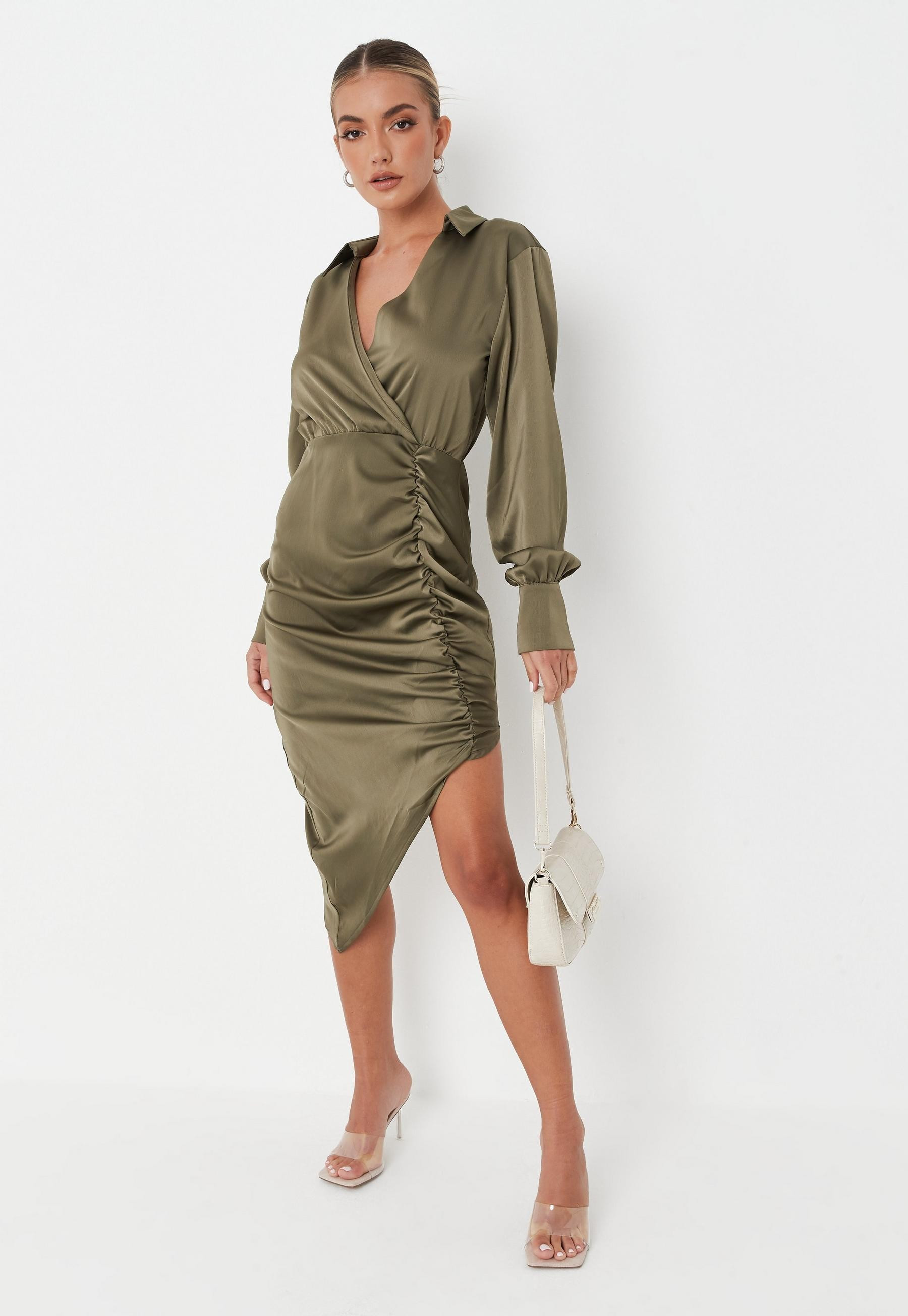 Missguided - Khaki Ruched Satin Shirt Midaxi Dress | Missguided (US & CA)