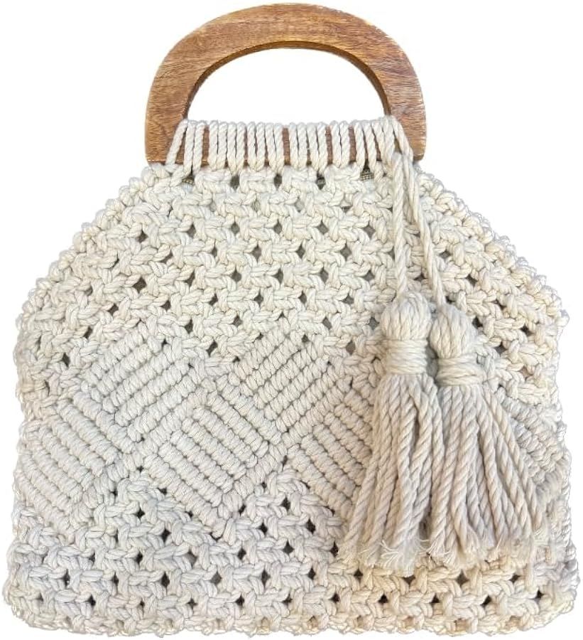 LOVE N BEYOND Handmade Macrame Women Fashion Bag Boho Cotton Handbag With Wooden Handle | Amazon (US)