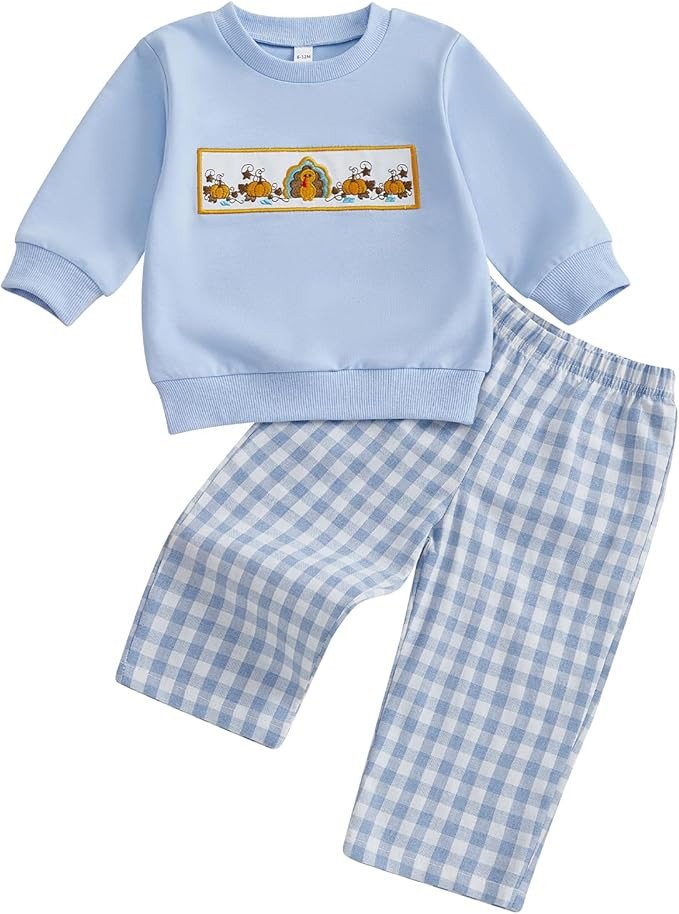 Adobabirl Baby Boy Thanksgiving Outfit Turkey Embroidery Sweatshirt Plaid Pants Set Infant Toddle... | Amazon (US)