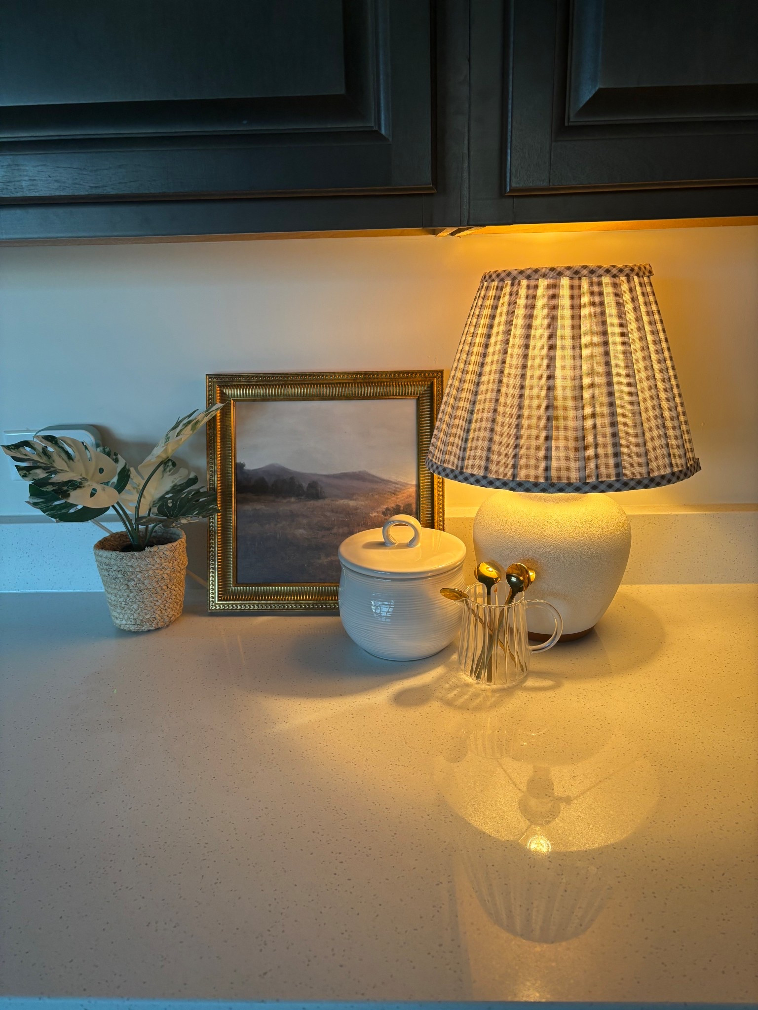 Cozy country kitchen. gingham lamp  