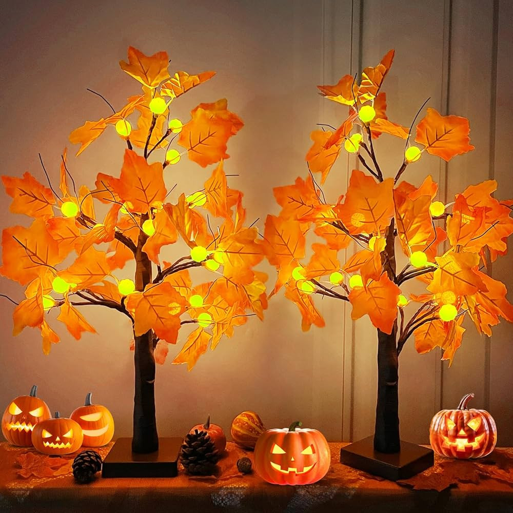 [ Timer ] TURNMEON 2 Pack 24''/2FT Lighted Fall Maple Tree Fall Thanksgiving Decorations Tabletop... | Amazon (US)