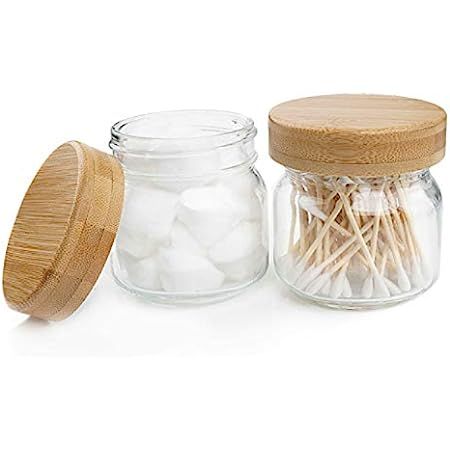 2 Apothecary Mason Jars Clear, Qtip Dispenser Holder Organizers for Bathroom Canister Glass with Bam | Amazon (US)
