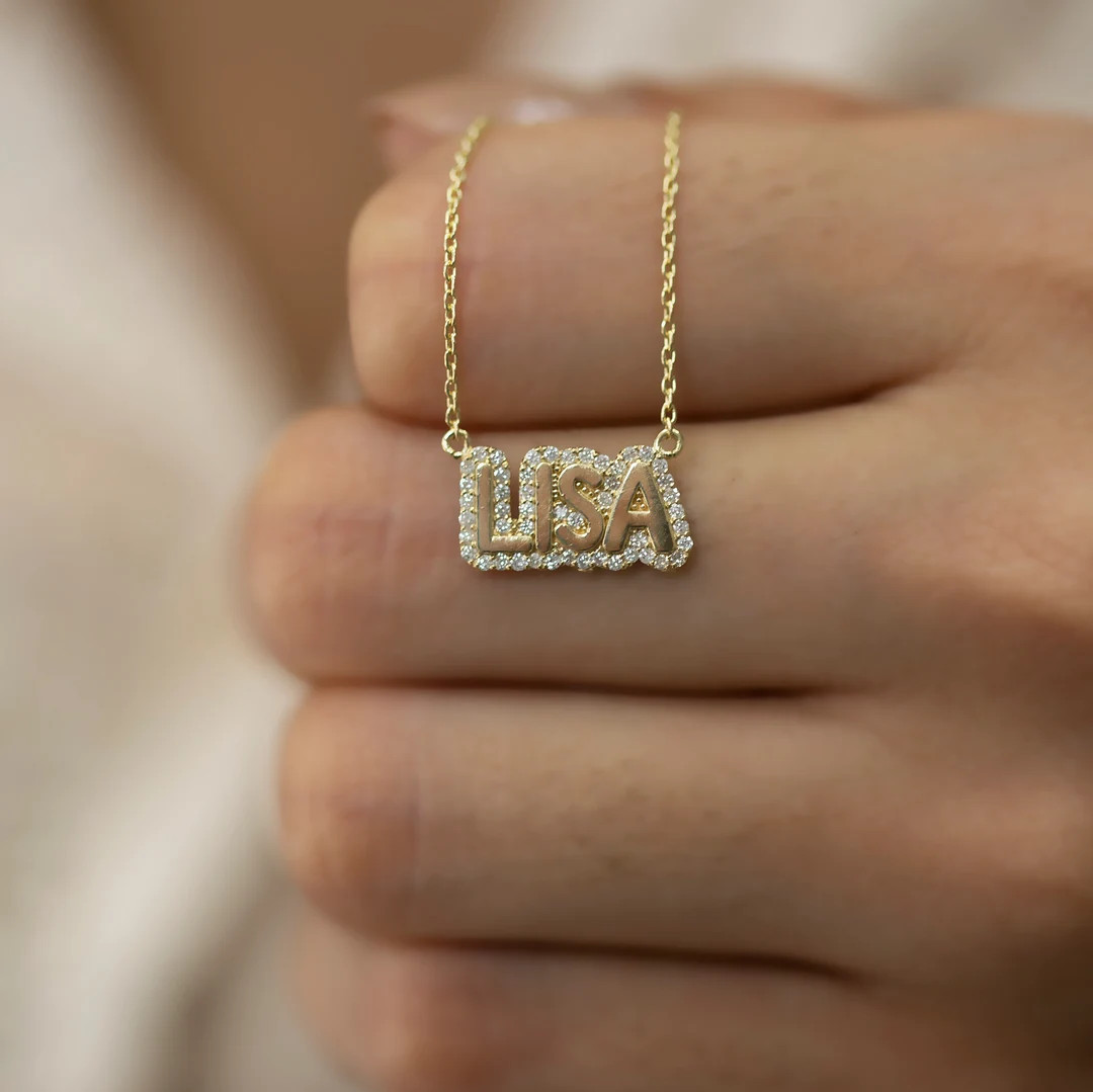 14K Solid Gold Diamond Name Necklace: Personalized Bubble Charm - Etsy | Etsy (US)