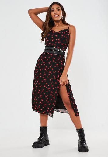 Missguided - Black Floral Print Cami Cowl Slip Dress | Missguided (US & CA)
