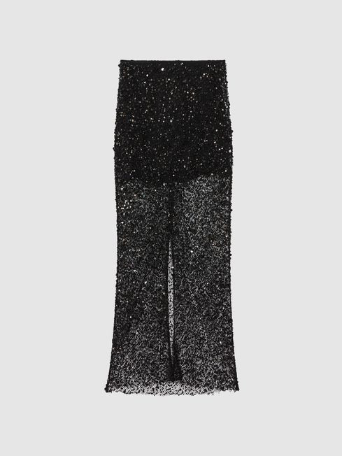 Anna Quan Embellished Netted Midi Skirt in Black | Reiss US