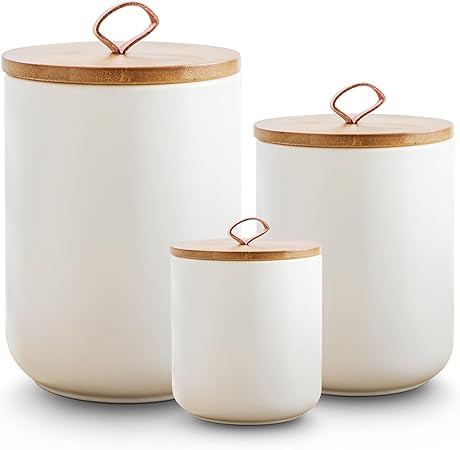 White Ceramic Canister Set with Wooden Lid, 3-Piece Food Storage Jars for Kitchen Counter, Storag... | Amazon (US)