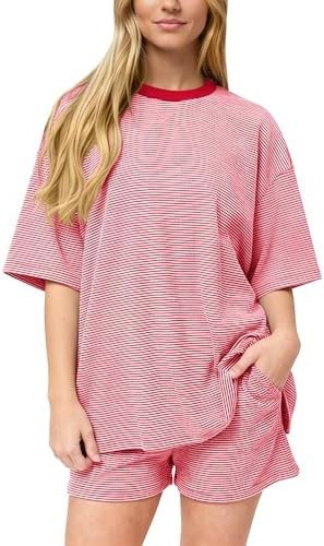 Meladyan Women's Striped 2 Piece Lounge Set Oversized Short Sleeve Crewneck T-Shirts Wide Leg Pan... | Amazon (US)