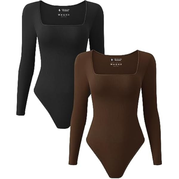 OQQ Women's 2 Piece Bodysuits Sexy Ribbed One Piece Square Neck Long Sleeve Bodysuits | Amazon (US)