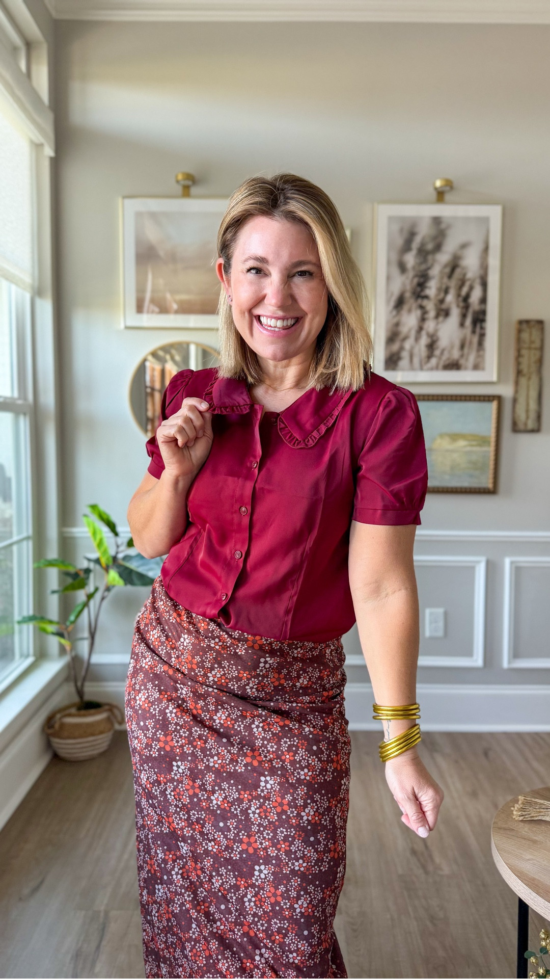 Trying out 2 fall trends: Peter Pan collar and a fall printed skirt! 

#LTKSeasonal #LTKOver40 #LTKWorkwear