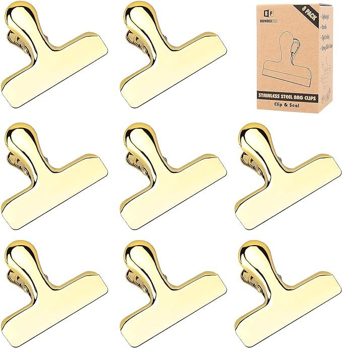 Pack of 8 Shiny Gold Bag Clips, Stainless Steel and Heavy Duty Metal Bag Clip,Tightly Seals Chip,... | Amazon (US)