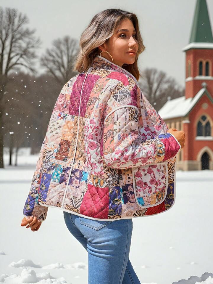 SHEIN VCAY Dames gewatteerde jas met bloemenprint, open voorkant en zakken, geschikt voor vakanti... | SHEIN