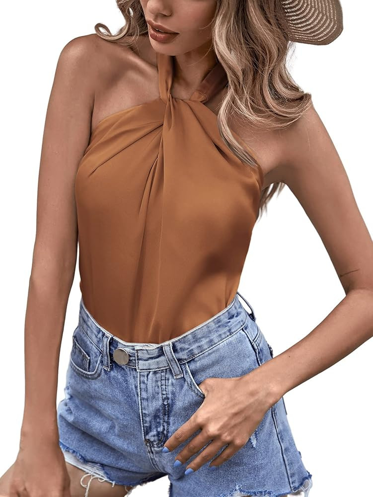 Verdusa Women's Sleeveless Satin Tank Top Backless Tie Back Solid Halter Blouse | Amazon (US)