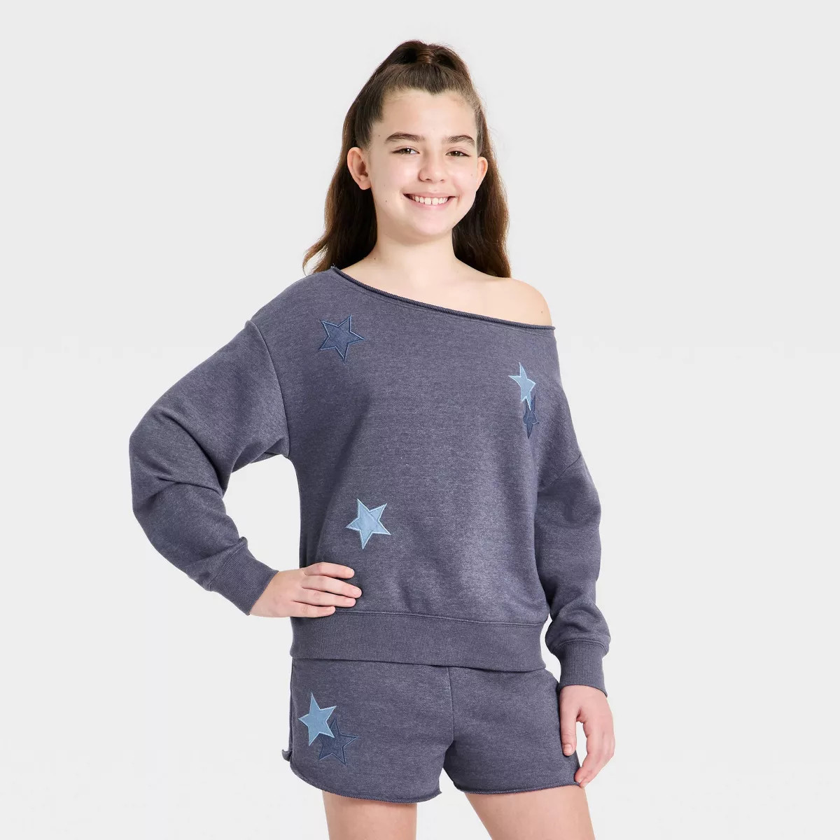 Girls' Off the Shoulder French Terry 4th of July 'Stars' Graphic Sweatshirt - art class™ Navy B... | Target