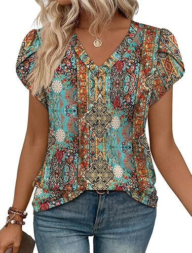 WIHOLL Boho Tops for Women Versatile Boho Inspired Tops Summer Vacation Beach Outfits Spring Clothes Trendy 2026 Ladies Tops and Blouses Dressy Casual Floral Shirts Fashion Clothing L | Amazon (US)
