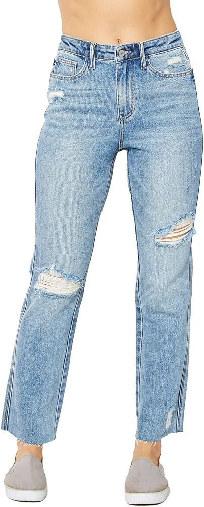 Judy Blue Women's High-Rise Rigid Magic Straight Leg Jeans with Raw Hems and Destroyed Details | Amazon (US)