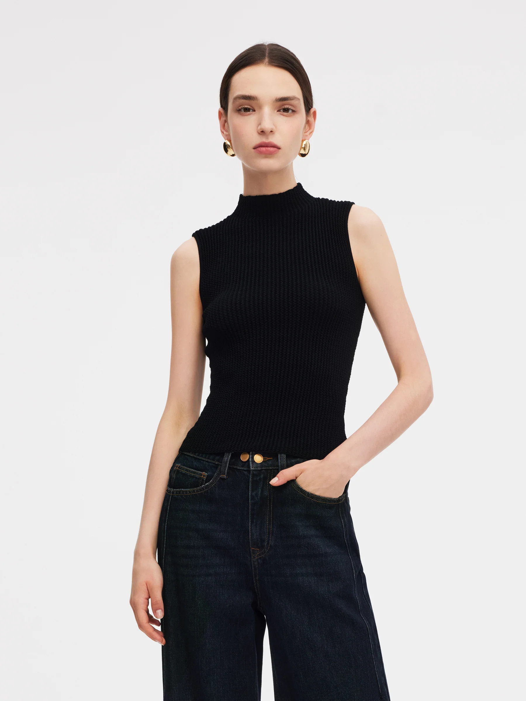 100% Machine Washable Wool Mock Neck Women Knit Tank Top | GOELIA