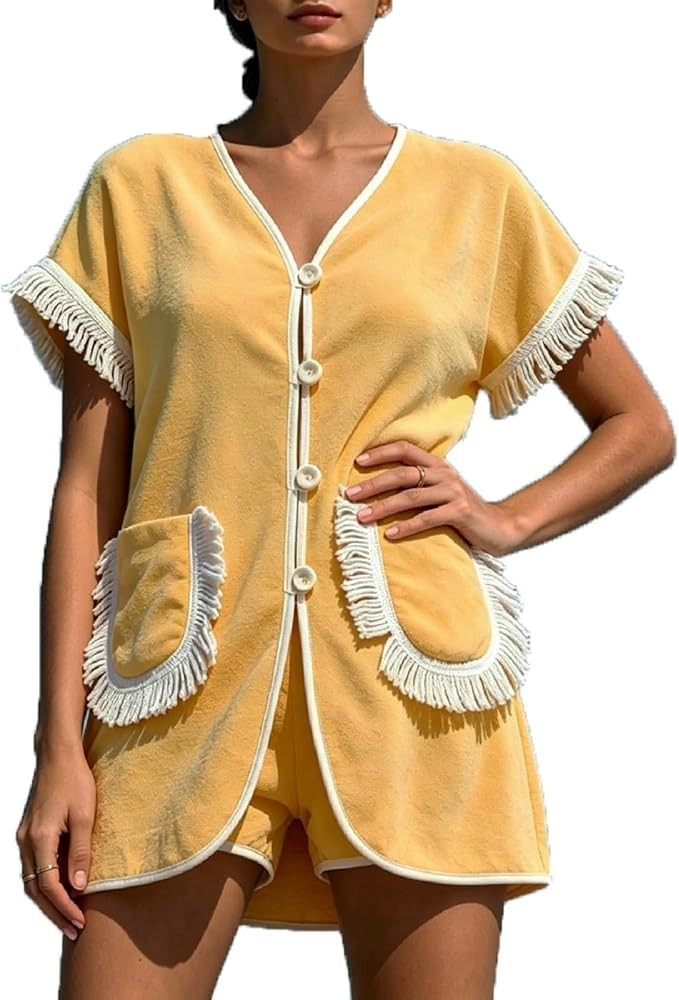 SOOKABEILA Womens 2 Piece Terry Cloth Set Towel Short Sleeve Button Down Top Shorts Causal Lounge... | Amazon (US)