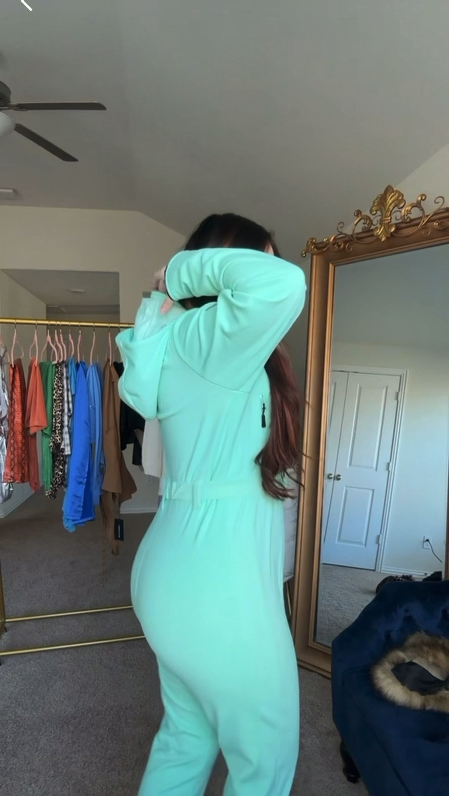 Adding Fur Trim to my favorite Mint Ski Suit! #skisuit #winterfashion 