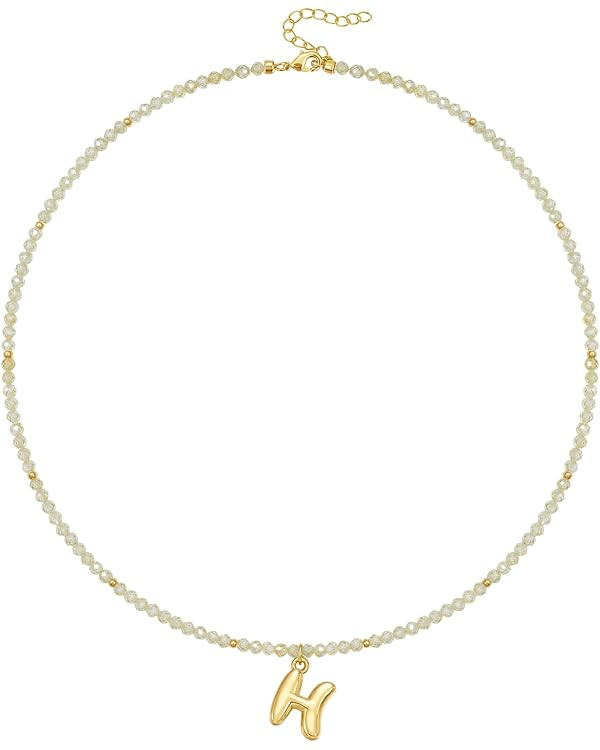 KissYan Beaded Initial Necklace for Women, 14K Gold Plated Bubble Letter Pendant Rainbow Gemstone... | Amazon (US)