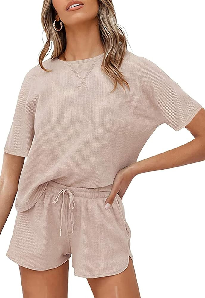 Women's Waffle Knit Pajama Set Short Sleeve Top and Shorts Lounge Loungewear Sleepwear Night wear... | Amazon (US)