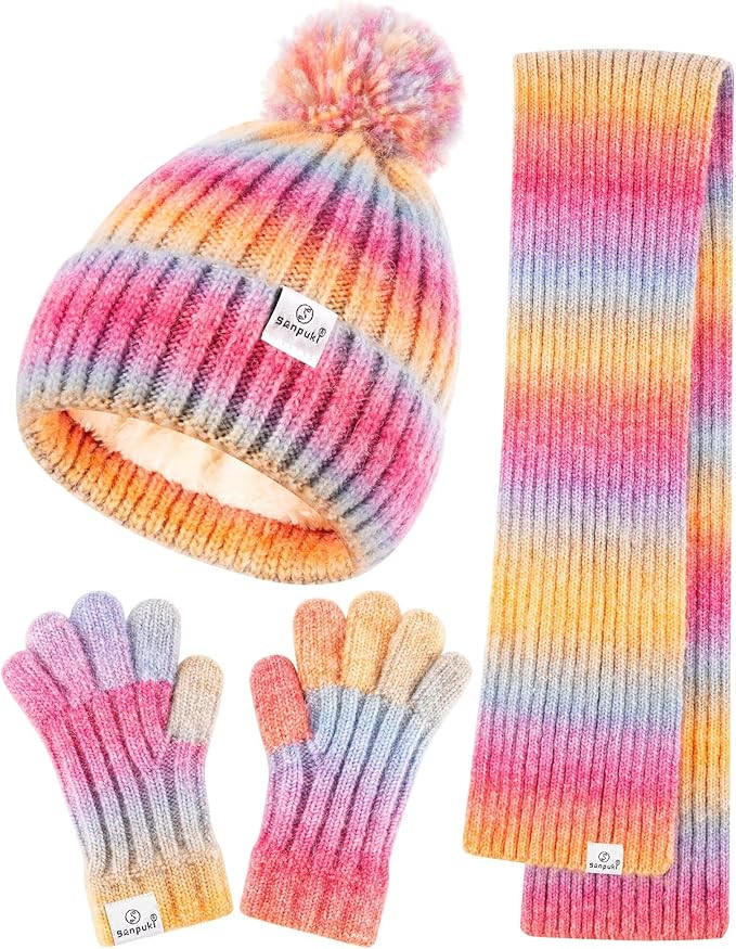 Kids Winter Beanie Gloves Scarf Set,Girls Toddler Winter Hat With Pom Neck Warmer Gaiter Mittens ... | Amazon (US)