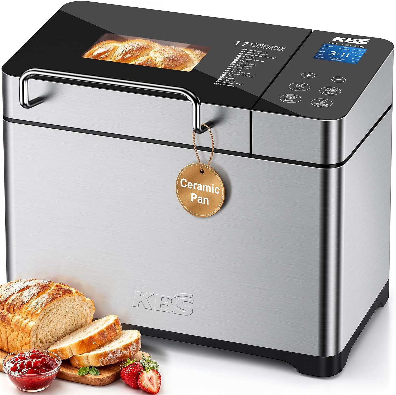 KBS Pro 710W 2.2LB Bread Maker, Stainless Steel 17-in-1 Smart Bread Machine with Healthy Ceramic Pan, Automatic Nut Dispenser, Tempered Glass Touch Panel, 3 Crust Colors, 15H Timer &Keep-Warm, Recipes | Amazon (US)