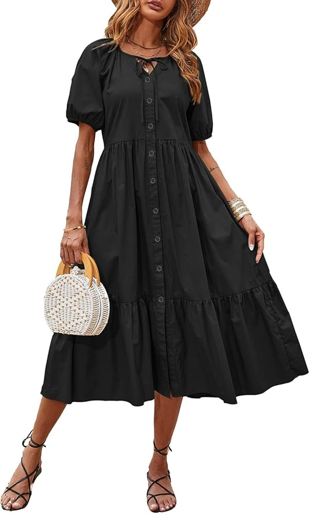 Amkoyam Women's Summer Casual Puff Short Sleeve Tie Neck Ruffle Loose A Line Midi Dress High Waist P | Amazon (US)