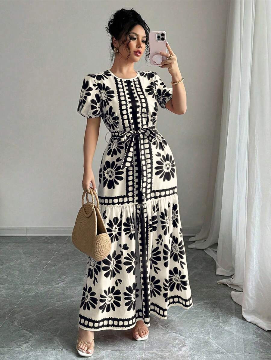 Breezaya Lantern Sleeve Round Neck Drawstring Waist Flared Hem Vacation Dress, Flattering | SHEIN