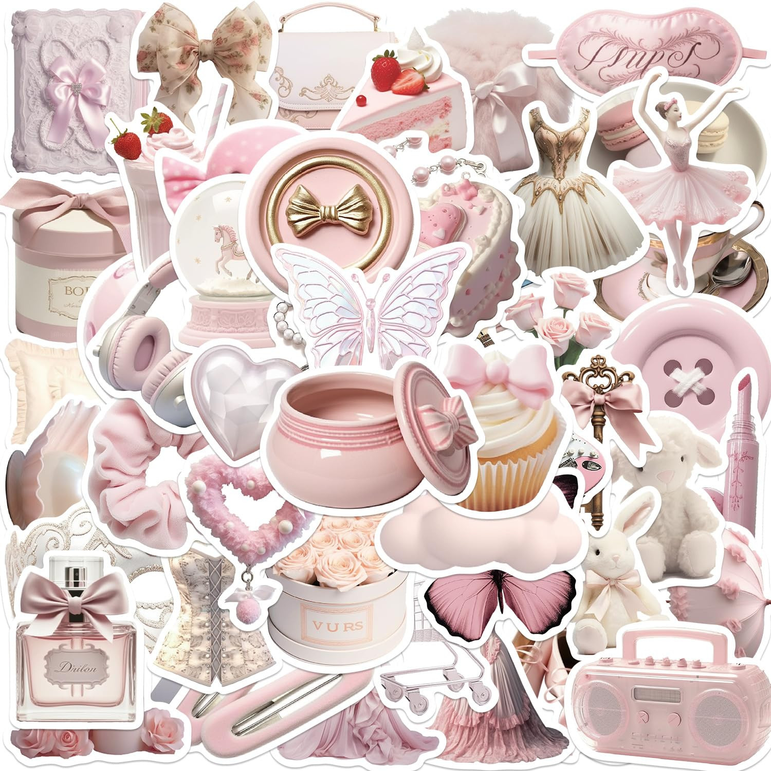 50-Piece Pink Aesthetic Stickers - Cute Waterproof Vinyl Sweet Princess Girly Decals for Scrapboo... | Amazon (US)