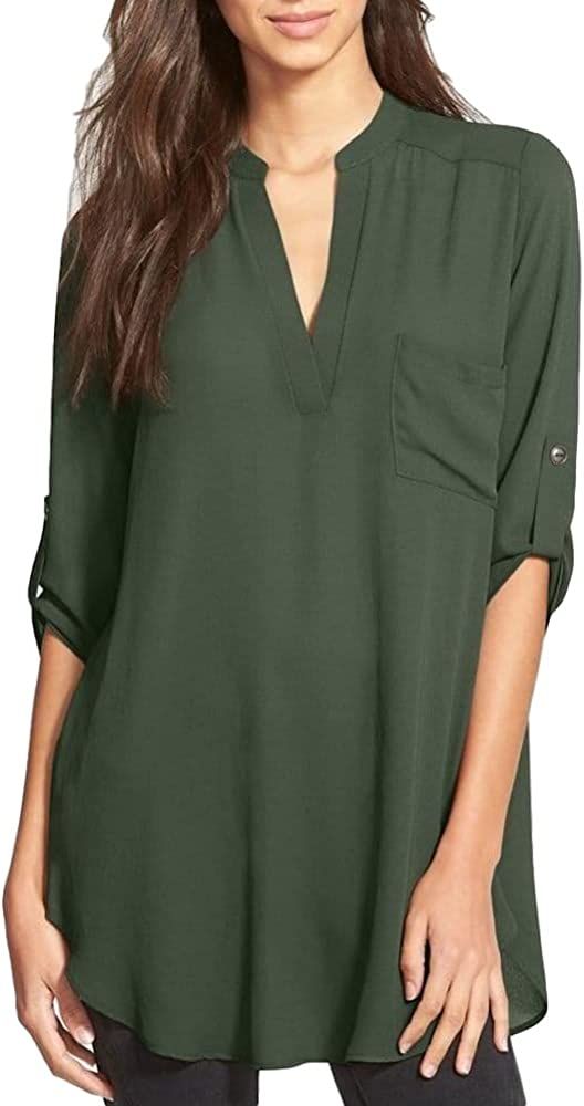 Women's Roll Tab Sleeve Tunic, Perfect Long for Leggings Shirt Cute Versatile Top | Amazon (US)