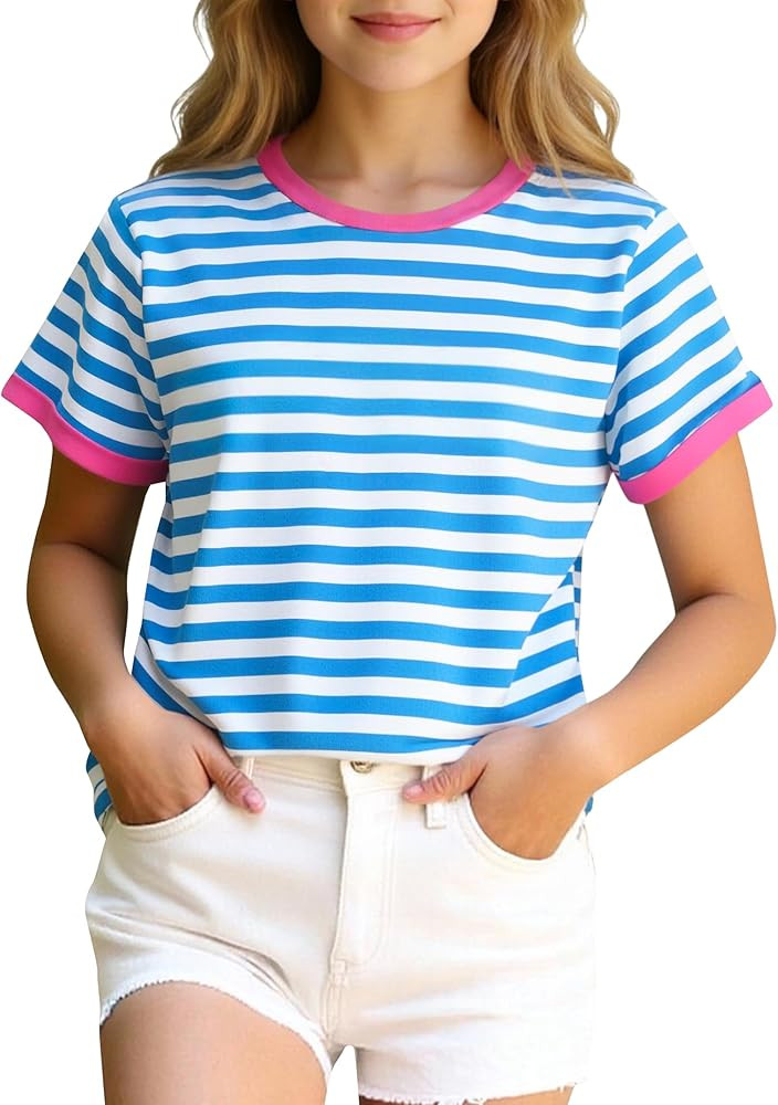 Girls Striped Shirt Graphic Tees Summer Cute Tops USA Short Sleeve Crewneck T Shirts | Amazon (US)