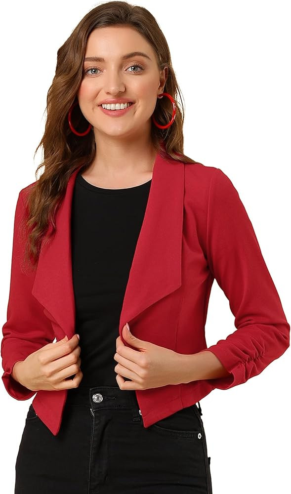 Allegra K Women's Notched Lapel Ruched Sleeve Jackets Business Cropped Blazer | Amazon (US)