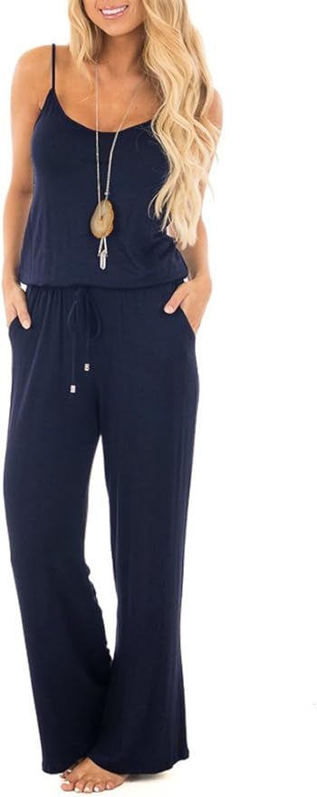sullcom Women Summer Solid Sleeveless Wide Leg Jumpsuit Casual Spaghetti Strap Stretchy Long Pant... | Amazon (US)