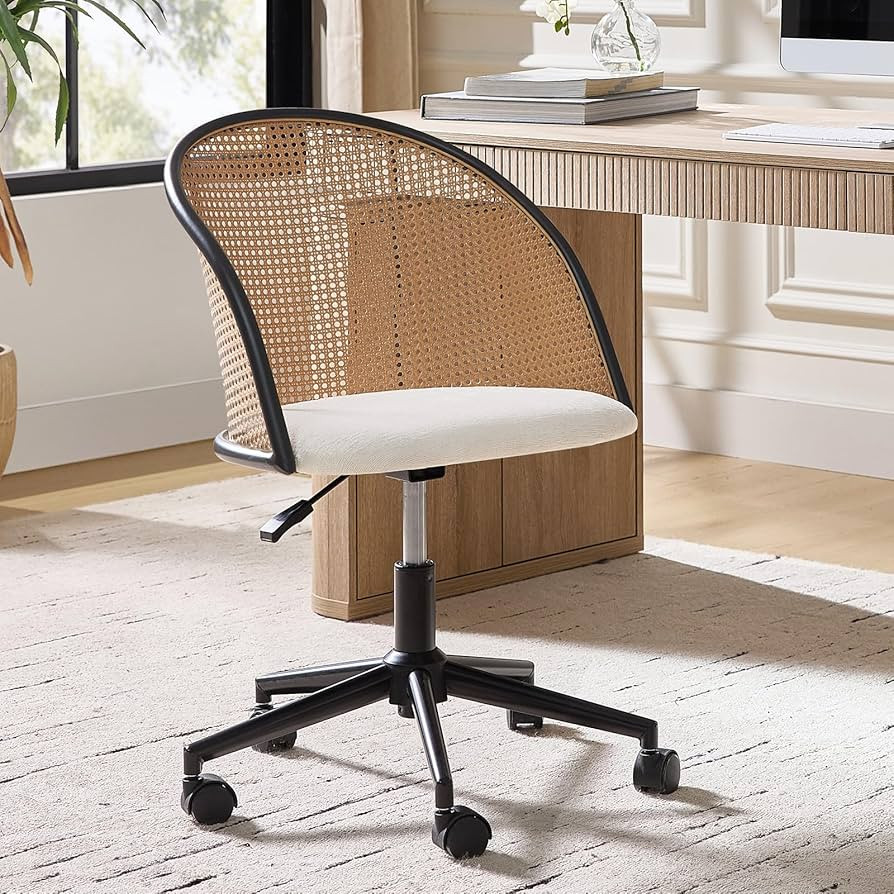 HULALA HOME Rattan Home Office Desk Chair with Curved Backrest, Caster Wheels, Height Adjustable,... | Amazon (US)