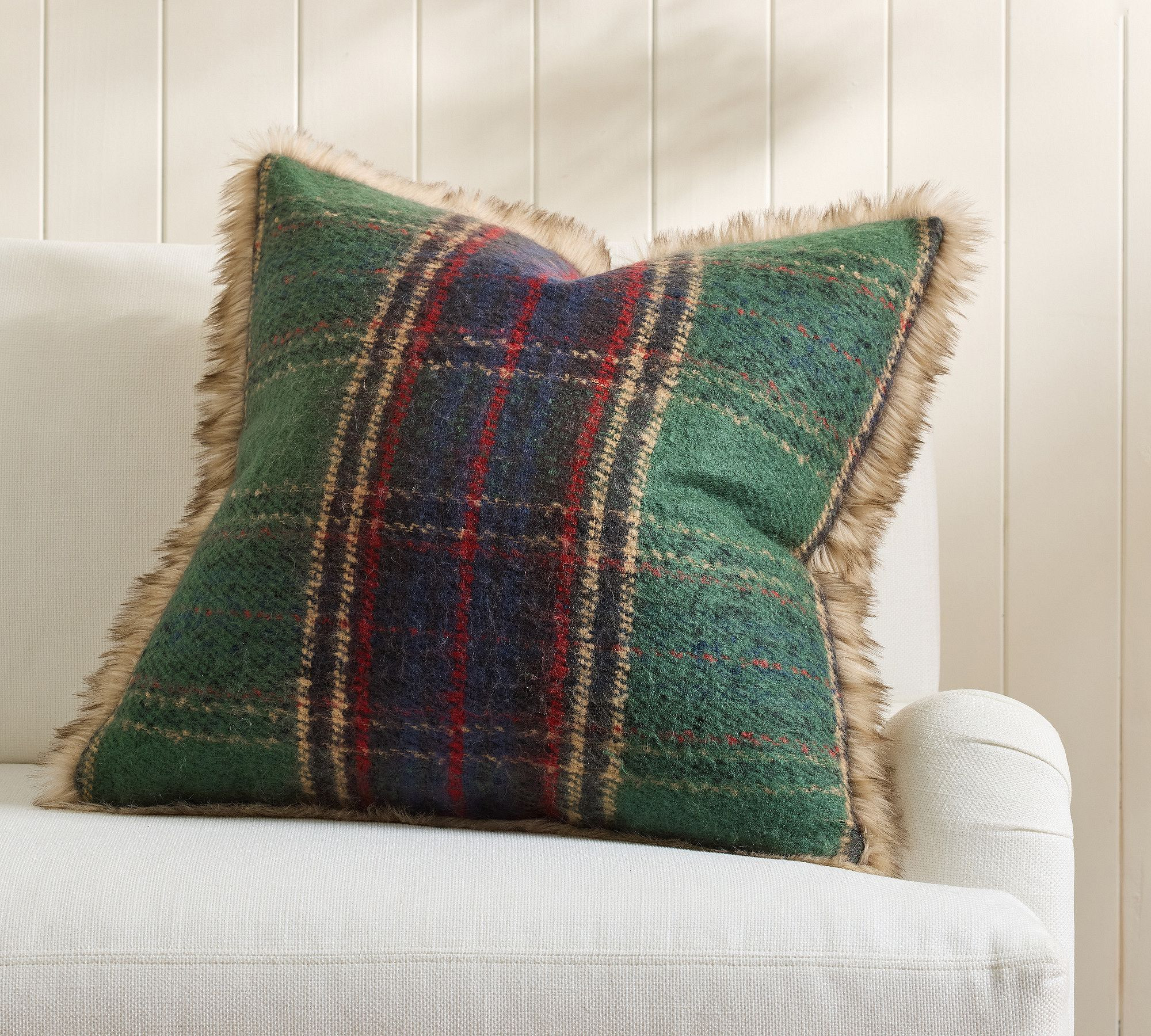 Stewart Plaid w/ Fur Back Pillow & Down Feather Insert Bundle, 24"", Ivory Multi | Pottery Barn (US)