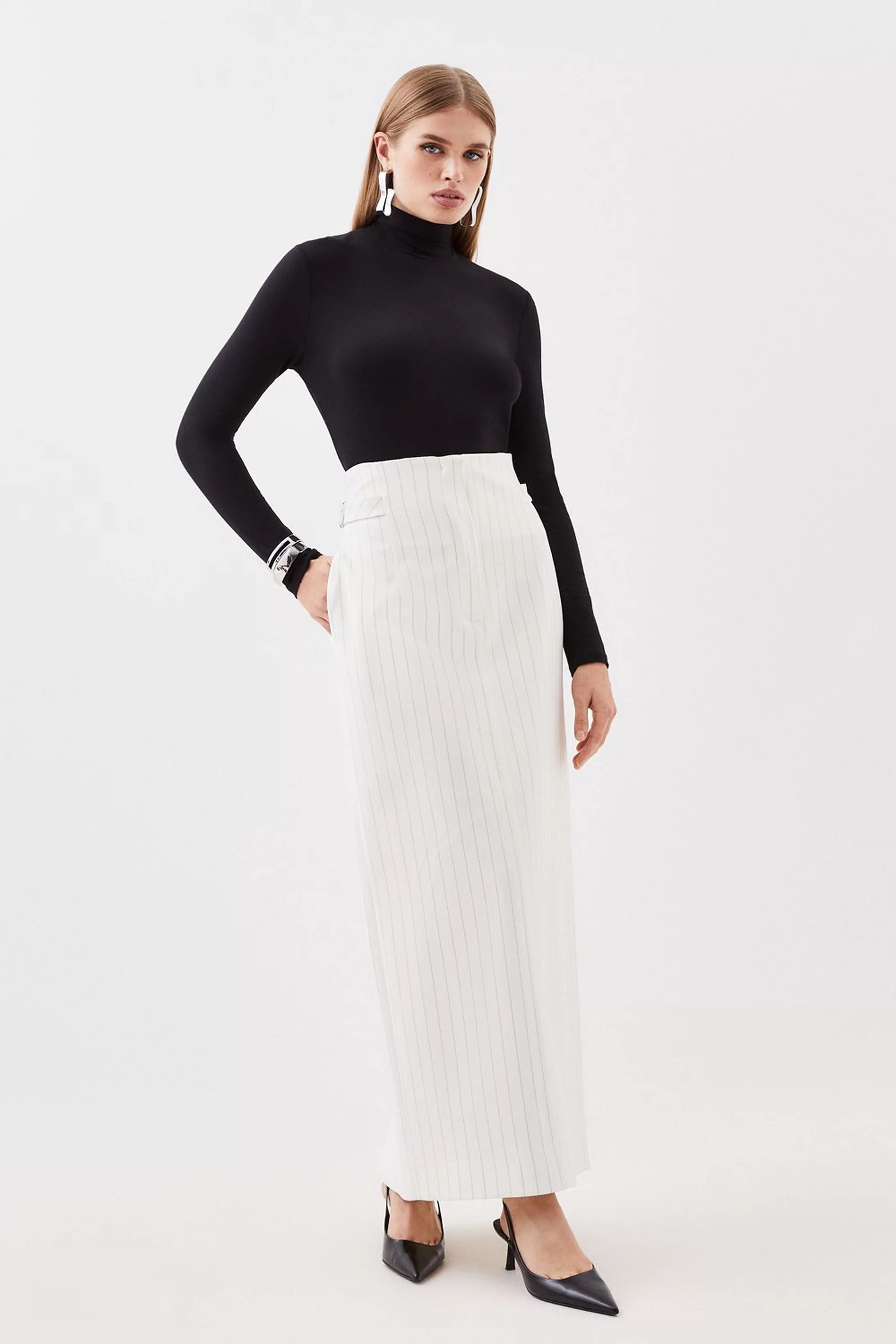 Tailored Compact Stretch Pinstripe High Waist Tab Detail Maxi Skirt | Karen Millen US