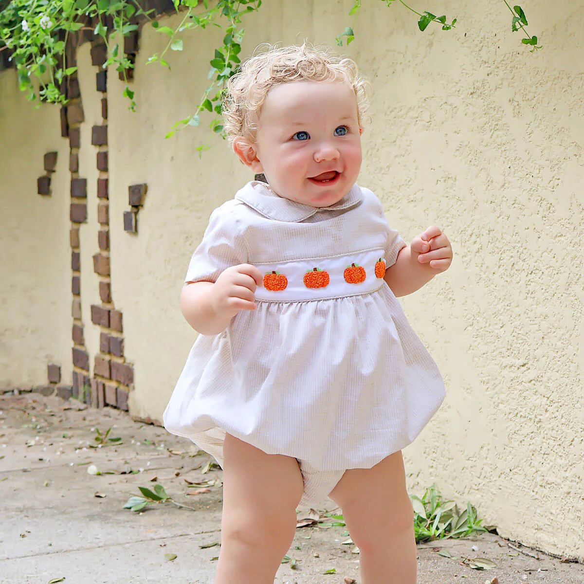 Pumpkin French Knot Tan Gingham Collared Bubble | Classic Whimsy