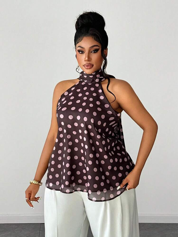 Maweii Plus Size Women Colorblock Polka Dot Print Sleeveless Top | SHEIN